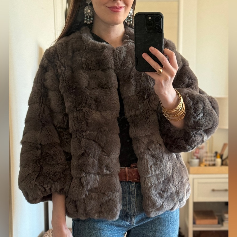 Gray Yves Salomon Rex Rabbit Balloon Sleeve Fur Coat 34